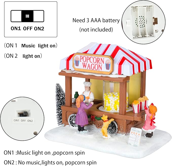 Christmas Village Collectible Buildings Christmas Village Houses Popcorn House with LED Light Musical USB Indoor Figurines Decoration Indoor Xmas Decor