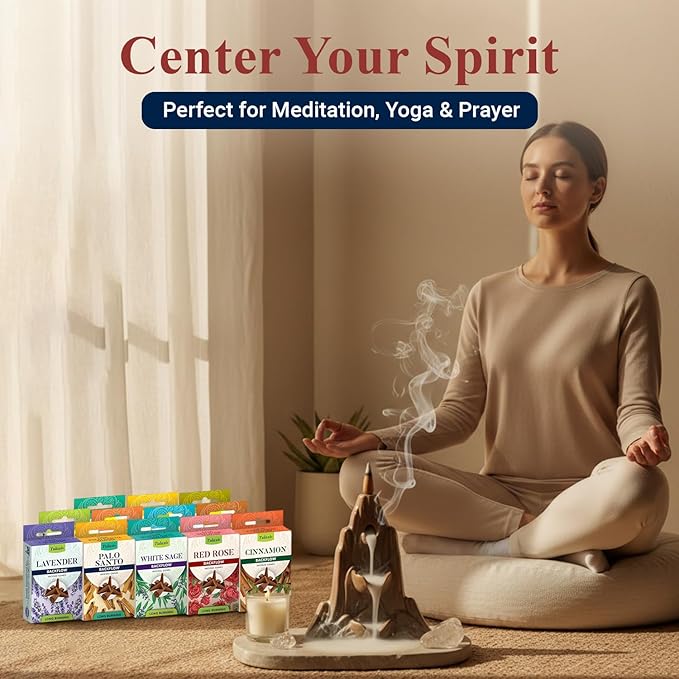 Tulasi Backflow Incense Cones with Natural Oils, Scents Set of 12 Fragrances (120 Cones) Calming Home Aromatherapy, Yoga, Meditation, Relaxing, Mixed Scents with Natural Oils
