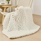 Bigacogo Chunky Knit Throw Blanket for Couch, 40x40 inches, 100% Hand Knitted with Thick Jumbo Chenille Yarn, Cozy Soft Large Rope Knot Cable Crochet Blankets for Sofa Bed Living Room, Ivory