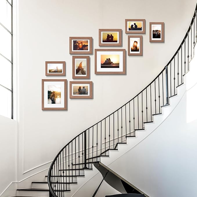Picture Frame Set 10 Pack, Picture Frames Collage Wall Decor with Mat for Multiple Sizes Photos, Two 8x10, Four 5x7, Four 4x6, Photo Frames for Wall and Tabletop, Rusic Brown