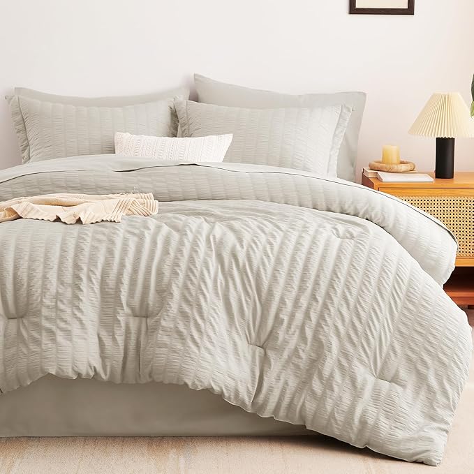 CozyLux Twin XL Comforter Set with Sheets Seersucker Beige 5 Pieces Bed in a Bag, Twin Extra Long Luxury Soft Bedding Sets for College Dorm with Down Alternative Comforter, Sheets, Pillowcases & Shams