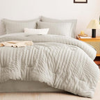 CozyLux Full Size Comforter Sets with Sheets Seersucker 7 Pieces Beige Bed in a Bag Textured Luxury Soft Bedding Set with Down Alternative Comforter, Sheets, Pillowcases & Shams for All Seasons