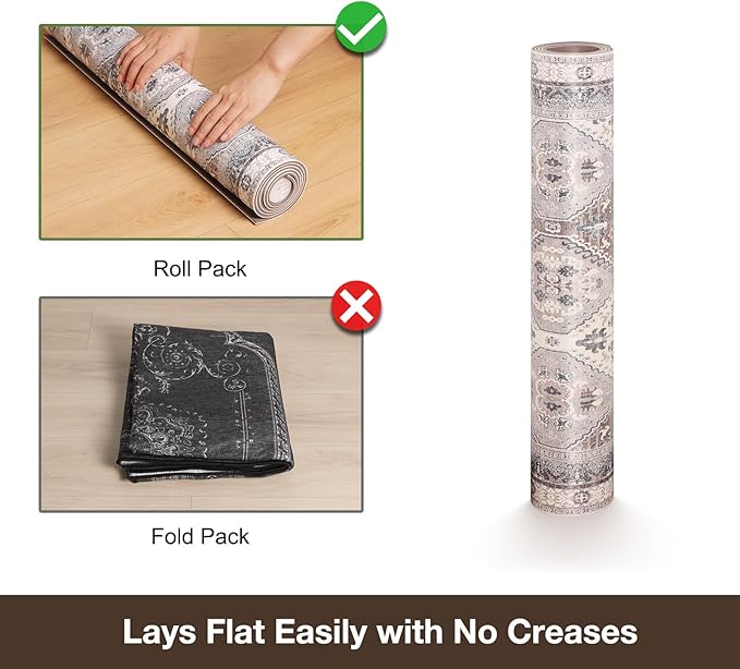 Floor Mat for Home 5×7ft, Easy Clean Plastic Rug-Like Pattern Area Mat for Living Room, Waterproof Vinyl Area Rug for Under Kitchen Table, No Slip Soft Vintage Rug for High Traffic Area (White)