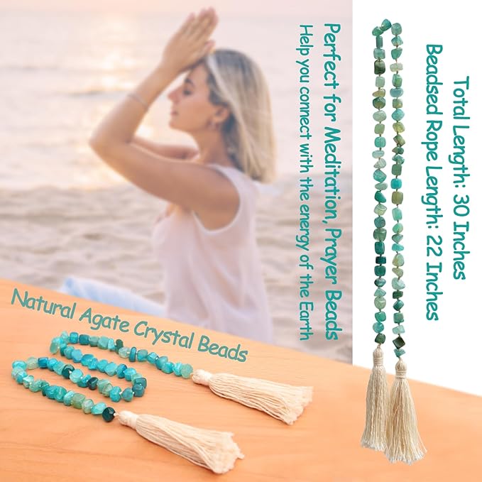 Agate Stone Hand Knotted Garland Modern Farmhouse Rustic Table Home Decor, 30inch Meditation Accessories with Tassel, Prayer Healing Beads Boho Wall Shelf Hanging Decoration (Lime Green)