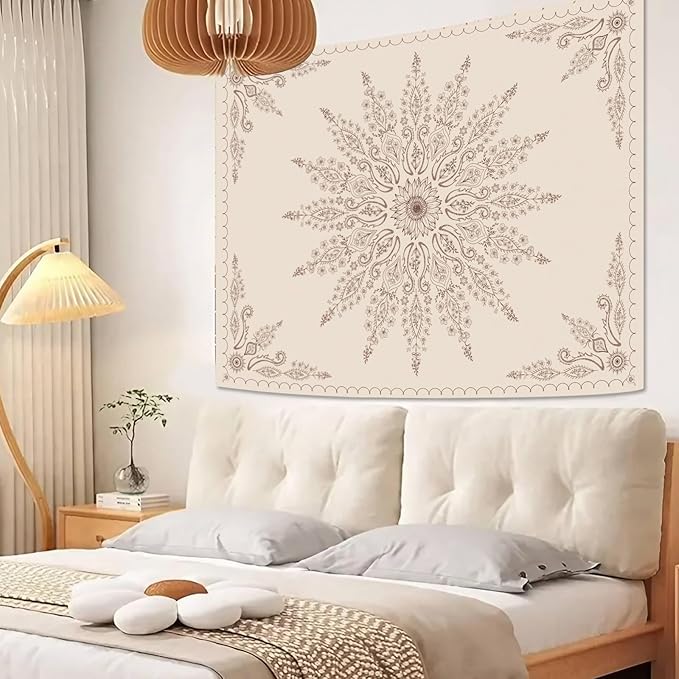 Fowocu Boho Floral Mandala Tapestry for Bedroom Aesthetic Bohemian Flower Wall Tapestry Beige Hippie Indian Extra Large Tapestries Wall Hanging for Living Room Dorm Decor 90 x 68 Inch
