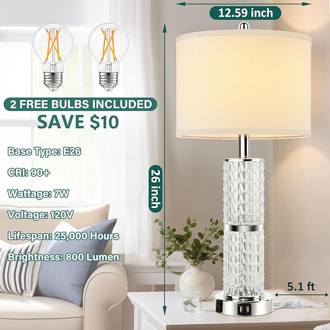 3-Way Touch Control Crystal Table Lamps Set of 2, Silver Modern Bedside Lamp with 2 USB Ports & AC Outlets for Living Room, 26' Tall Desk Lamps with White Drum Shade for Bedroom, 2 Free Bulbs Included