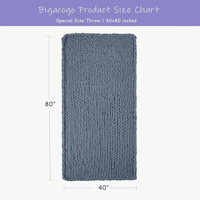 Bigacogo Chunky Knit Throw Blanket for Couch, 40x80 inches, 100% Hand Knitted with Thick Jumbo Chenille Yarn, Cozy Soft Large Rope Knot Cable Crochet Blankets for Sofa Bed Living Room, Cold Sea Blue