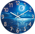 XFM Blue Wall Clock Battery Operated 14 Inch Moon Ocean Glass Clock Silent Non Ticking Modern Decorative Wall Clocks for Kitchen Bedroom Bathroom Decor