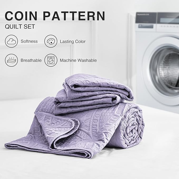 Love's cabin Quilts for Queen Bed Lavender Bedspreads Bedding Set - Lightweight Bedspread Comforter - Coin Pattern Bedding Coverlet for All Season - 3 Pieces (1 Quilt, 2 Pillow Shams)