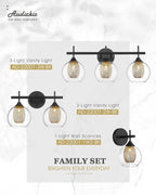 Black and Gold Bathroom Light Fixture, Farmhouse Wall Sconce Lighting with Clear Glass and Honeycomb Metal Shade, 2-Light Black Brass Vanity Light Over Mirror, AD-22001-2W-BK