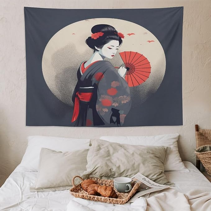 Japanese Woman Geisha Tapestry Asian Red Cherry Blossom Red Sun Traditional Kimono Folk Tapestries Home Decor for Living Room Bedroom Apartment Farmhouse Dorm 80"x60"