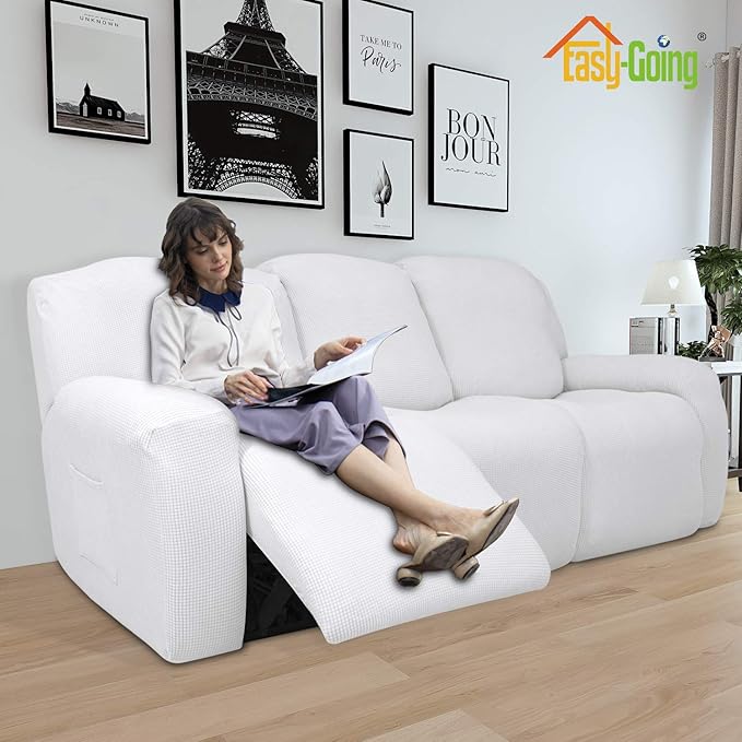 Easy-Going 8 Pieces Recliner Sofa Stretch Sofa Slipcover Sofa Cover Furniture Protector Couch Soft with Elastic Bottom Kids, Spandex Jacquard Fabric Small Checks Snow White
