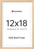 upsimples 12x18 Frame, Natural Solid Wooden Picture Frames, Display 11x17 with Mat or 12 x 18 Without Mat, Vertical or Horizontal Wall Hanging, 1 Pack, Natural