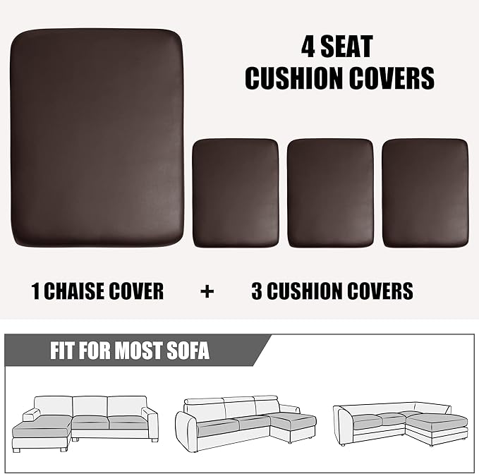 Yates Home Sectional Couch Covers 4 Piece Sofa Cushion Covers for L Shape Couch PU Leather Separate Cushions Couch Chaise Slip Cover for Both Left/Right Sectional Couch(3 Seater + 1 Chaise,Chocolate)