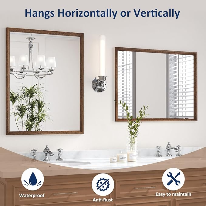 WEER Bathroom Mirror, 24x36 Inch Wall Mirror, Walnut Wood Grain Framed Mirror, Rectangle Vanity Mirror, Tempered Glass, Anti-Rust, Hangs Horizontally or Vertically
