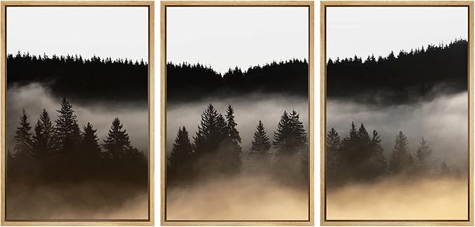 SIGNWIN Framed Canvas Print Wall Art Woodland Nursery Decor Set Misty Dark Mountain Forest Silhouette Nature Modern Art Rustic Landscape for Living Room, Bedroom, Office - 24"x36"x3 Natural