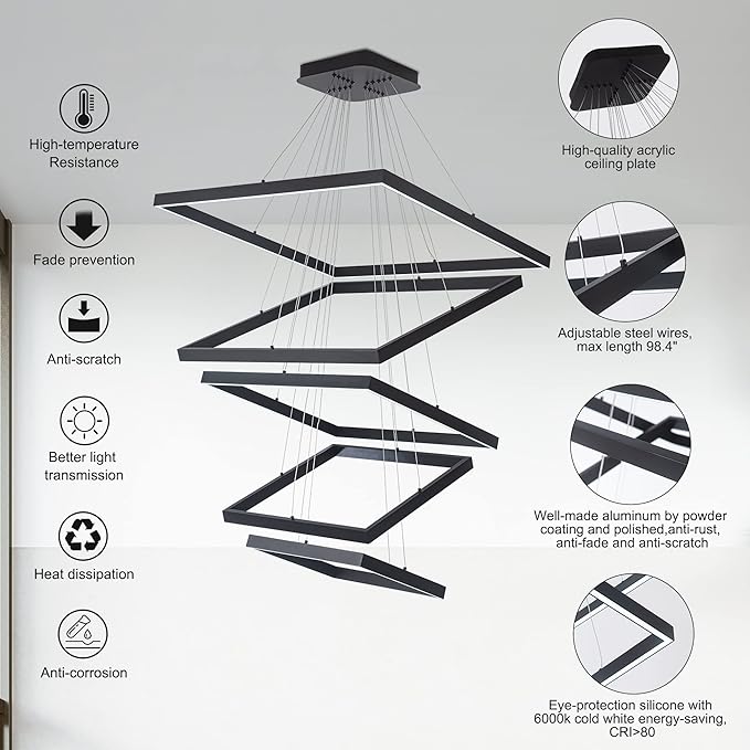 Square Led Chandelier Modern Led Hanging Light 5-Rings Contemporary Ceiling Pendant Light Dimmable Pendant Light for Living Room Kitchen Dining Room 15.7"+19.6"+23.6"+27.5"+31.4" Black