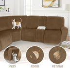 Arfntevss Sectional Recliner Couch Covers Velvet Washable Corner Sectional Sofa Cover for Reclining Stretch Soft Thick L Shape Recliner Slipcover Set (5 Seat with 1 Console Cover, Light Brown)
