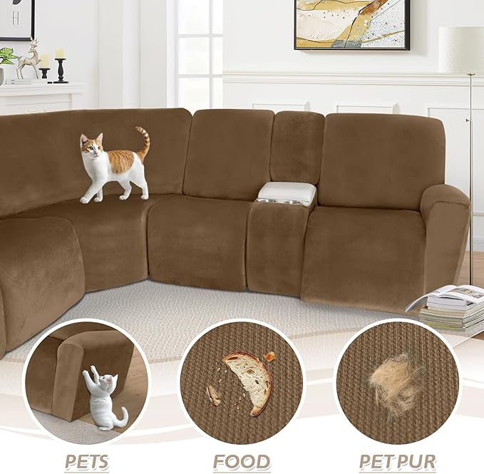 Arfntevss Sectional Recliner Couch Covers Velvet Washable Corner Sectional Sofa Cover for Reclining Couch Stretch Soft Thick L Shape Recliner Slipcover Set (5 Seat with 2 Console Cover, Light Brown)