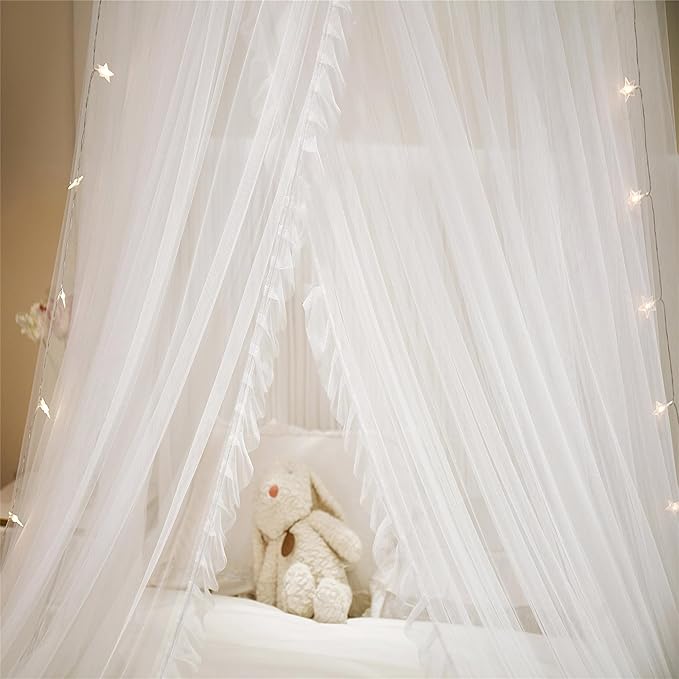 VETHIN Princess Bed Canopy for Girls Double Layer Sheer Mesh Dome Elegant Lace Mosquito Net Bed Curtain for Full Queen King Bed with led Stars String Lights(White/White)