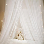 VETHIN Princess Bed Canopy for Girls Double Layer Sheer Mesh Dome Elegant Lace Mosquito Net Bed Curtain for Full Queen King Bed with led Stars String Lights(White/White)