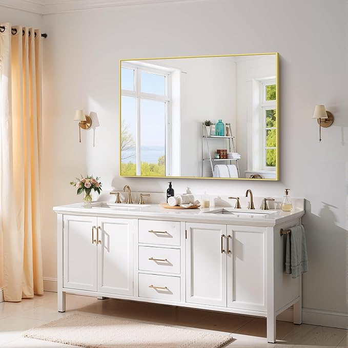 YIROMAN Bathroom Mirror 48"x36", Large Brushed Gold Bathroom Mirror for Over Sink with Aluminum Frame, Rectangular Vanity Mirror with Right Angle, Wall Mirror Hangs Horizontal or Vertical