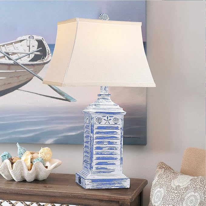 Coastal Table Lamps for Bedrooms Set of 2 Farmhouse Bedside Lamp for Living Room Modern 3-Color Temperature Blue Washed Nightstand End Tables Lamp with USB Ports and AC Outlet (Bulbs Included)