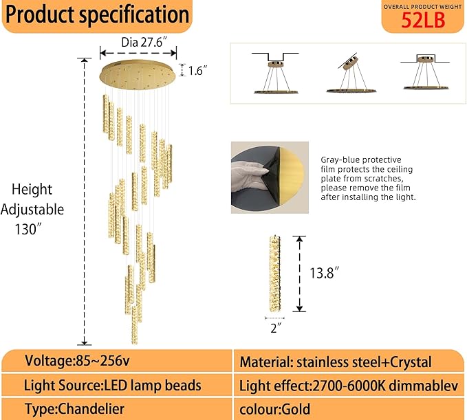 Large Crystal Chandeliers 130inches Long Spiral Staircase Chandelier for High Ceiling Foyer Entrance Modern LED Dimmable Chandelier 25-Lights Gold