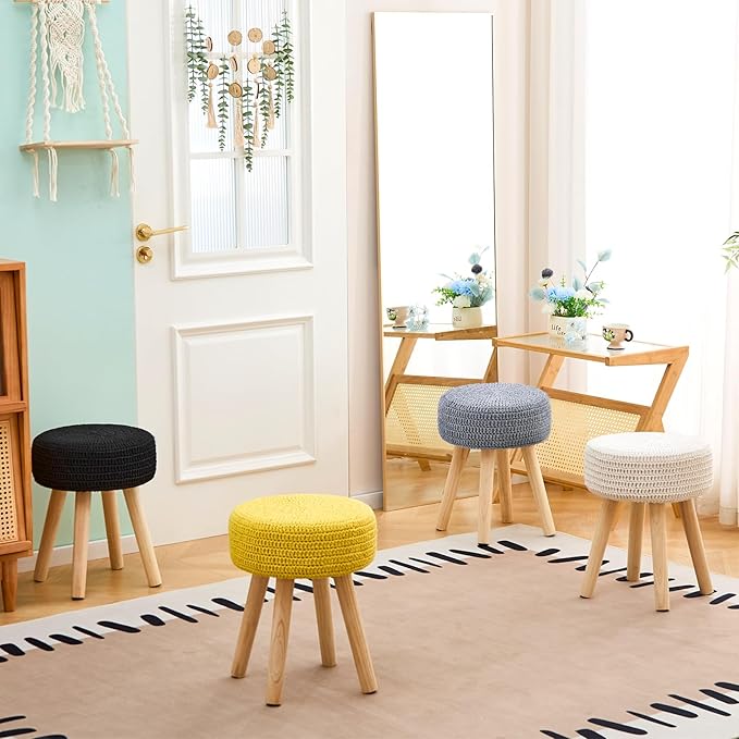 Wimarsbon Pouf Ottoman, 100% Cotton Knitted Boho Footstool, Round Footrest with Non-Skid Wood Legs, Home Décor Handmade Pouffe, Leisure Floor Step Stool for Living Room (Long Leg - Beige)