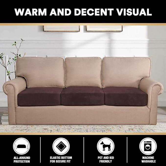 PrinceDeco Velvet Couch Cushion Covers 3 Pieces Velvet Separate Couch Cover Stretch Sofa Slipcover Washable Furniture Protector for Sectional Sofa Each Width Up to 40", Brown
