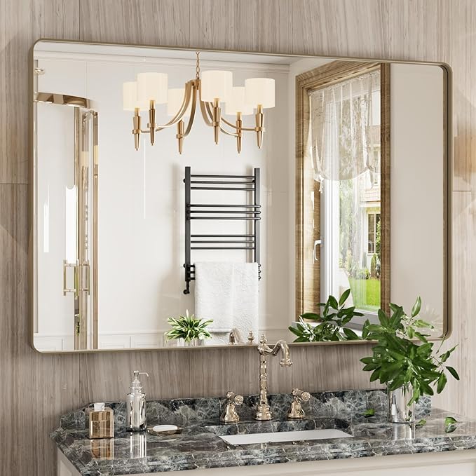 Bronze Bathroom Mirror 48x32 Inch, Brushed Bronze Metal Frame Mirror for Wall, Rounded Rectangle Bathroom Vanity Mirror with Tempered Glass, Anti-Rust, Horizontal/Vertical
