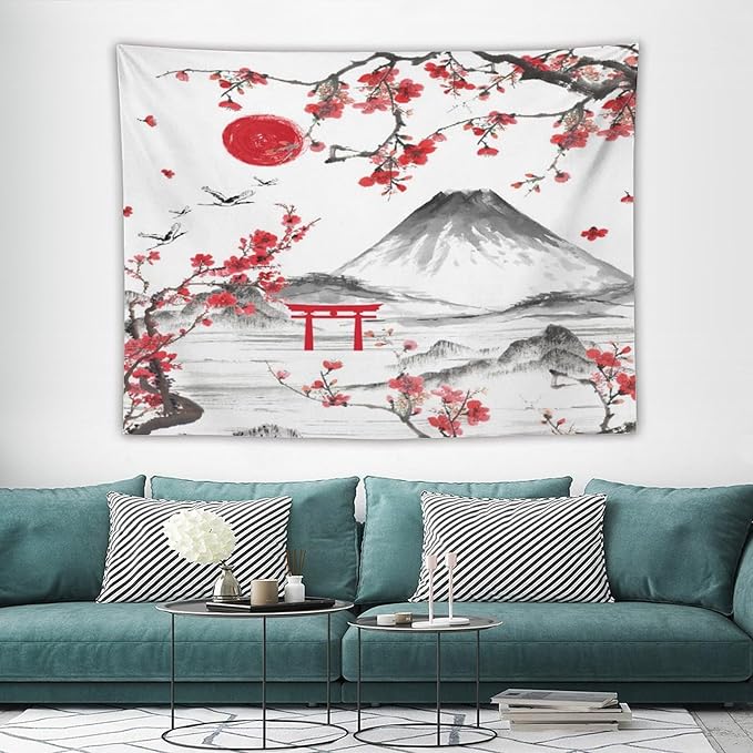 Red Cherry Blossoms Tapestry, Japanese Fuji Mountain Tapestry, Asian Japanese Wall Tapestry, Nature Landscape Tapestries for Bedroom Living Room Decor 80"x60"