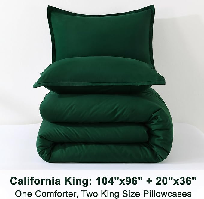 Litanika Dark Emerald Green Comforter California King Size, 3 Pieces Cal King Lightweight Solid Bedding Comforter Set, All Season Fluffy Bed Set (104x96In Comforter & 2 Pillowcases)