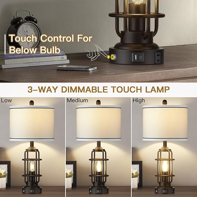26" Modern Lamp for Living Room, Industrial 3-Way Dimmable Beside Table Lamp with USB A+C Charging Ports & AC Outlet, Touch Control Beside Lamp LED Night Light for Bedroom Single(2 Bulbs Included)