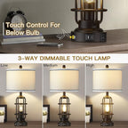 Modern Table Lamps, Industrial 3-Way Dimmable Bedside Lamp with USB A+C Ports & AC Outlet, Touch Control Rustic Nightstand Lamp LED Night Light for Living Room Bedroom Decor Home(4 Bulbs Included)