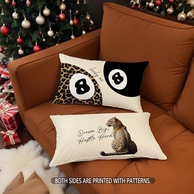 Trendy Leopard Lucky 8 Ball Pillow Covers 20x12, Cheetah Leopard Print Room Decor, Funky Preppy Leopard and Black Billiards Decorative Throw Pillow Covers for Girls Dorm Apartment，Set of 2