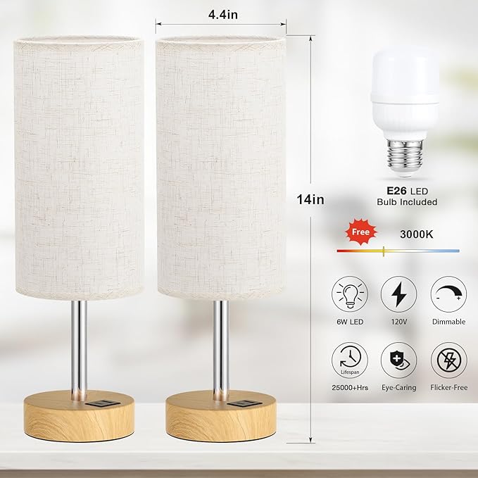 Touch Bedside Lamps Set of 2-3 Way Dimmable Table Lamps for Bedroom, Nightstand Lamp with Wooden Charging Station for Kids Room Dorm, Small Desk Lamp for Living Room, Office, Kids Room, Nursery