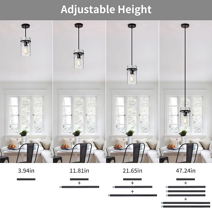 Farmhouse Hammered Hand-Blown Glass Pendant Light, Black Pendant Lights Kitchen Island, Modern Pendant Light Fixtures Island Lights for Kitchen Dining Room Light for Farmhouse Pendant Lighting 1 Pack