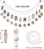 6 Feet Wooden Beads Garland with Clothespins Picture Cards Holder - Country Farmhouse Christmas Nursery Boho Holiday Decorations with Clips