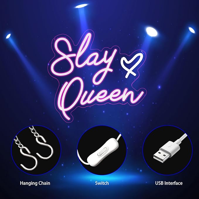 Slay Queen Neon Sign, Neon Signs for Wall Decor Neon LED Signs Room Neon Light Up Signs Home Decor for Bedroom Club Party Bar Shop USB Operated