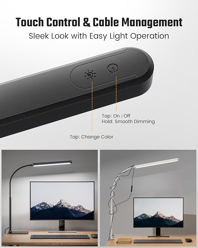 SUPERDANNY Eye-Caring LED Desk Lamp with Base 360° Flexible Gooseneck Work Lamp Touch Control 3 Light Colors Smooth Dimming Task Lighting Reading Light for Home Office College Dorm, Black