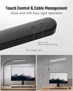 SUPERDANNY Eye-Caring LED Desk Lamp with Base 360° Flexible Gooseneck Work Lamp Touch Control 3 Light Colors Smooth Dimming Task Lighting Reading Light for Home Office College Dorm, Black