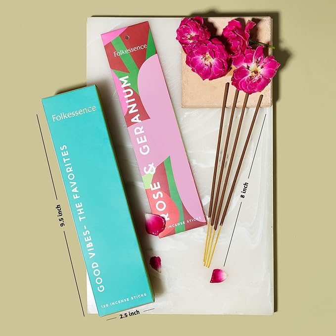 Folkulture Incense Sticks | Set of 6 (120 Non Toxic Insence-Sticks) with 45 Mins Burn Time | Lavender, Frankincense, Rose and Geranium, Jasmine, Sandalwood | Organic Nag Champa Inscents-Sticks