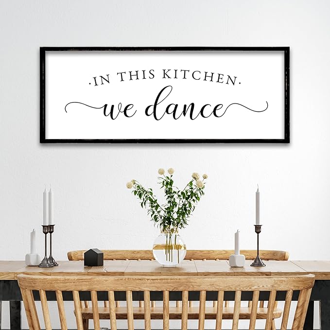 ZZJJHYWGQ In This Kitchen We Dance Sign Wall Decor 32"×12" Farmhouse Funny Kitchen dining room Signs Horizontal Wooden Framed hanging Art (Black)