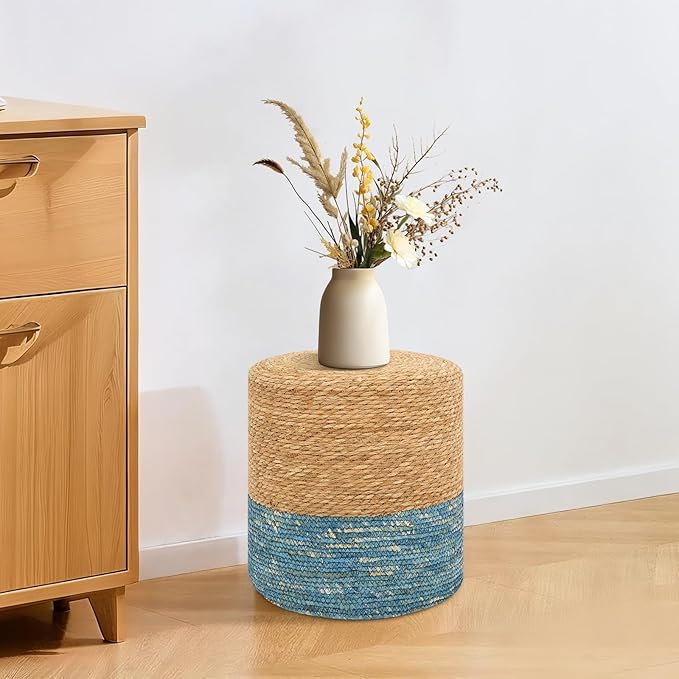 Pouf Ottomans, Handwoven Natural Straw Footstool, Round Braided Outdoor Patio Stool with Wood Frame, Boho Decor Accent Seat Balcony, or Garden (Blue)