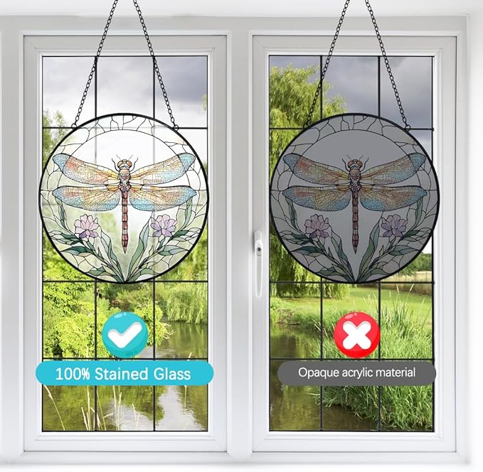 Dragonfly with Flower Suncatcher Stained Glass Window Hanging - 8” Stained Glass Suncatchers for Windows - Sun Catchers Indoor Window Catcher with Hooks and Chain - Birthday Gifts for Mom Grandma