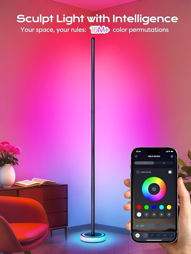 Smart RGBICW Corner Floor Lamp with App & Remote Control - 16 Million Colors, Music Sync, Timer Setting, Dimmable Ambient Lighting LED Standing Lamp for Bedroom, Living Room, Gaming Room & Home Decor