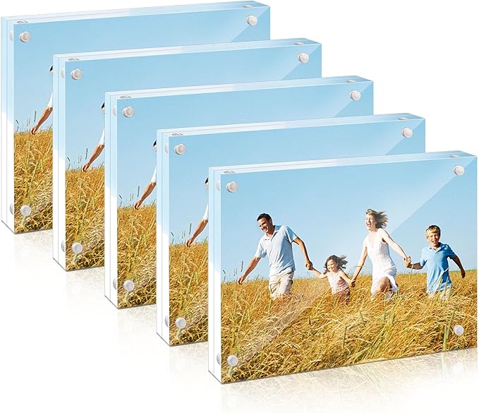 Golden State Art 5x7 Acrylic Picture Frames 5 Pack, Frameless Clear Photo Frame, Double Sided Freestanding, Tabletop Display for Home Office Desk