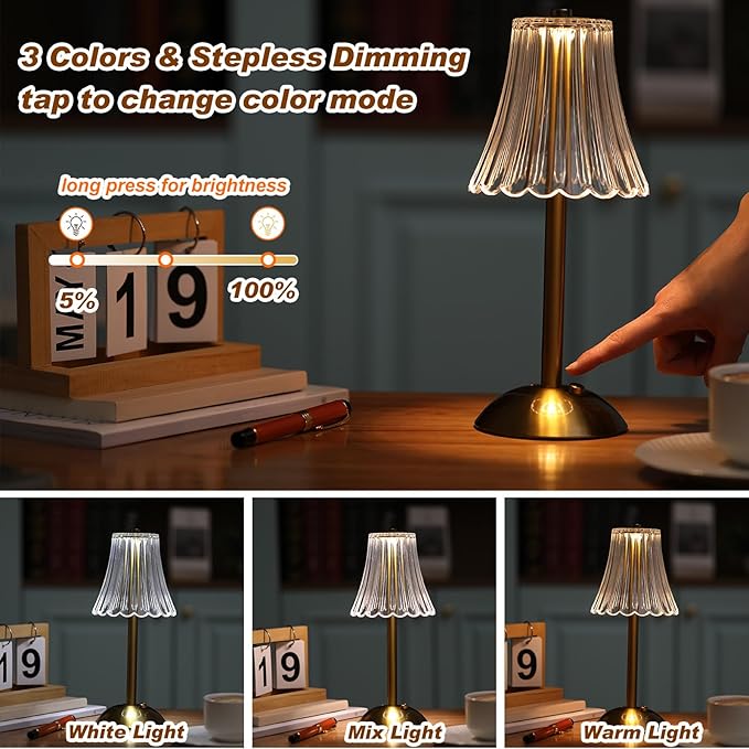Liliful 6 Pcs LED Portable Cordless Table Lamp Touch Battery Operated Rechargeable Desk Lamp 3 Color Dimmable for Bedroom Living Room Dining (Rose Style,Gold)