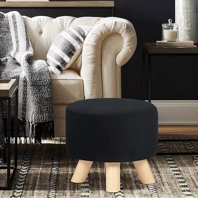 Asense Small Round Ottoman Foot Rest Stool Fabric Padded Seat Footstool Ottoman with Anti-Slip Wooden Legs (Black,Fabric)